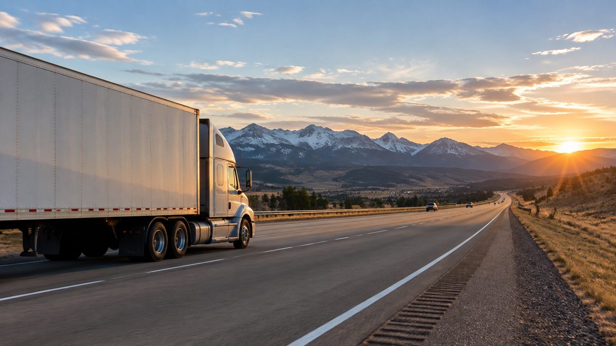 Semi truck merging onto an open Mountain West interstate at sunrise