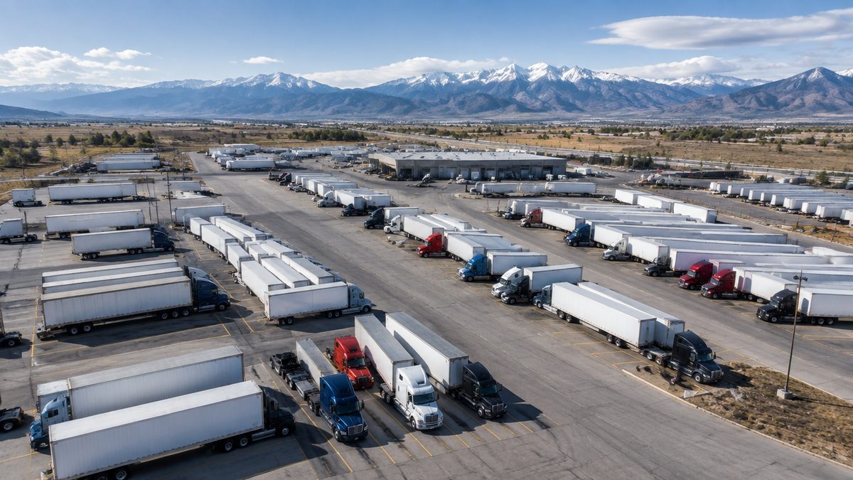 Aerial view of a large truck yard filled with freight trailers
