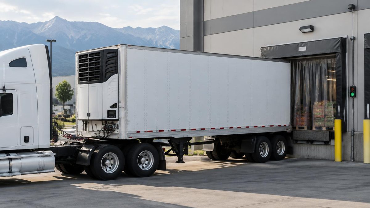Unbranded refrigerated trailer with visible reefer unit at a cold dock beside boxed produce in morning light