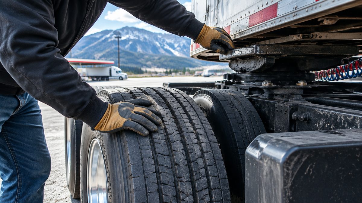 Gloved hands inspecting a semi truck tire and coupling at a truck stop