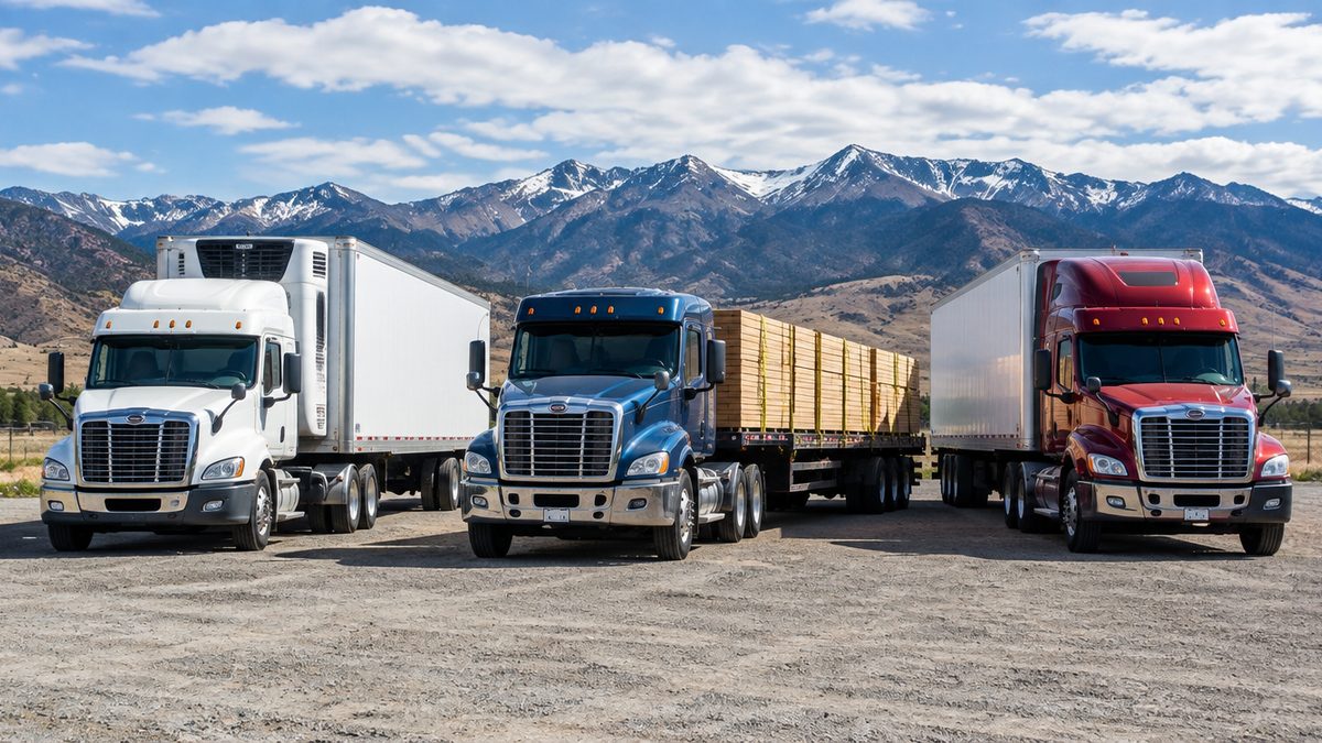 Refrigerated, flatbed, and dry van trailers parked side by side