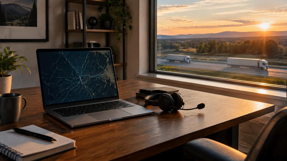 Quiet freight agent home office with an abstract map on a laptop, headset and distant highway trucks at sunset
