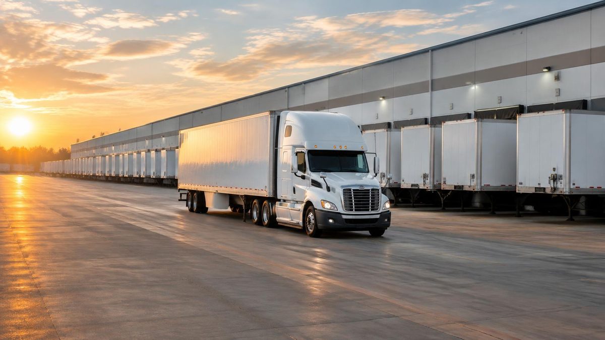 Unbranded dry van trailers at an October distribution center at dawn as a tractor pulls one trailer away