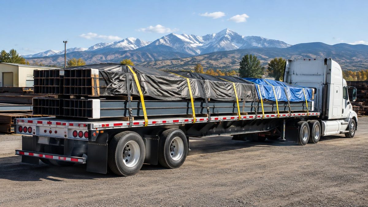 Unbranded flatbed carrying strapped and tarped steel beams with edge protectors in a Front Range industrial yard
