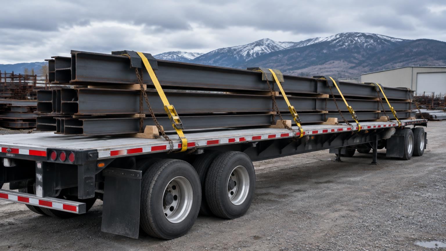 Unbranded flatbed carrying steel beams secured by chains and yellow straps with edge protection at a Colorado industrial yard