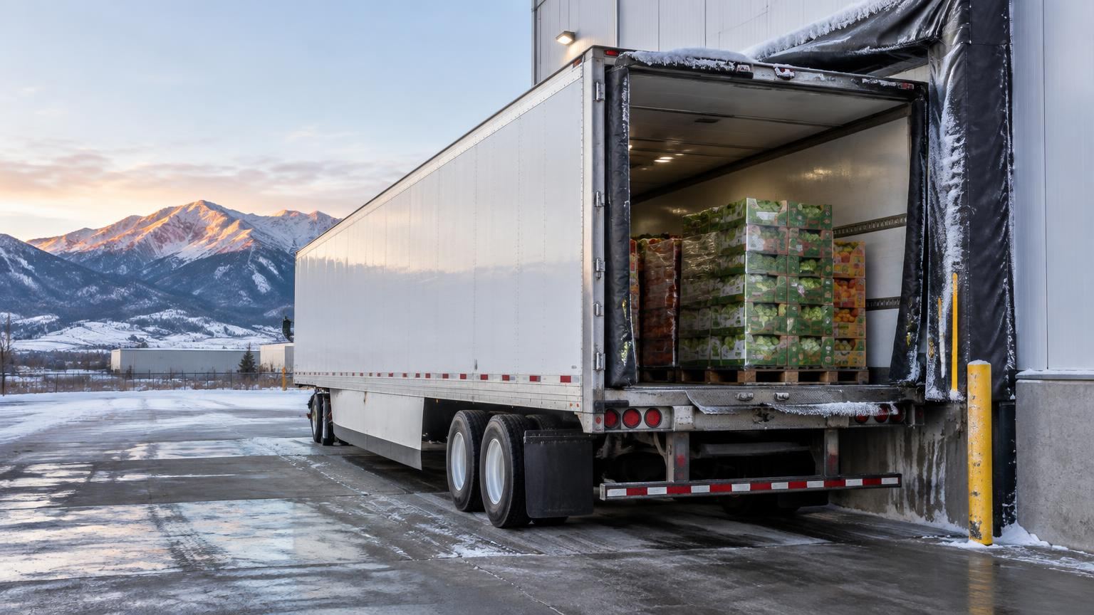 Unbranded white refrigerated trailer at a cold-storage dock with produce cases and distant Mountain West foothills