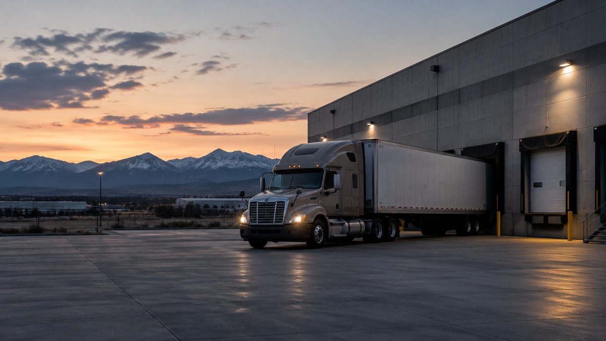 Unbranded semi truck waiting alone at an empty loading dock at dusk