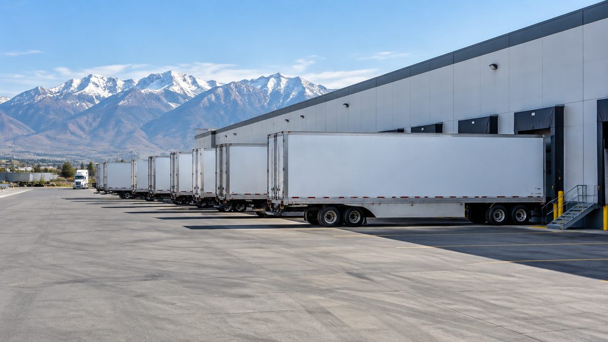 Row of dry van trailers backed into a distribution center in morning light