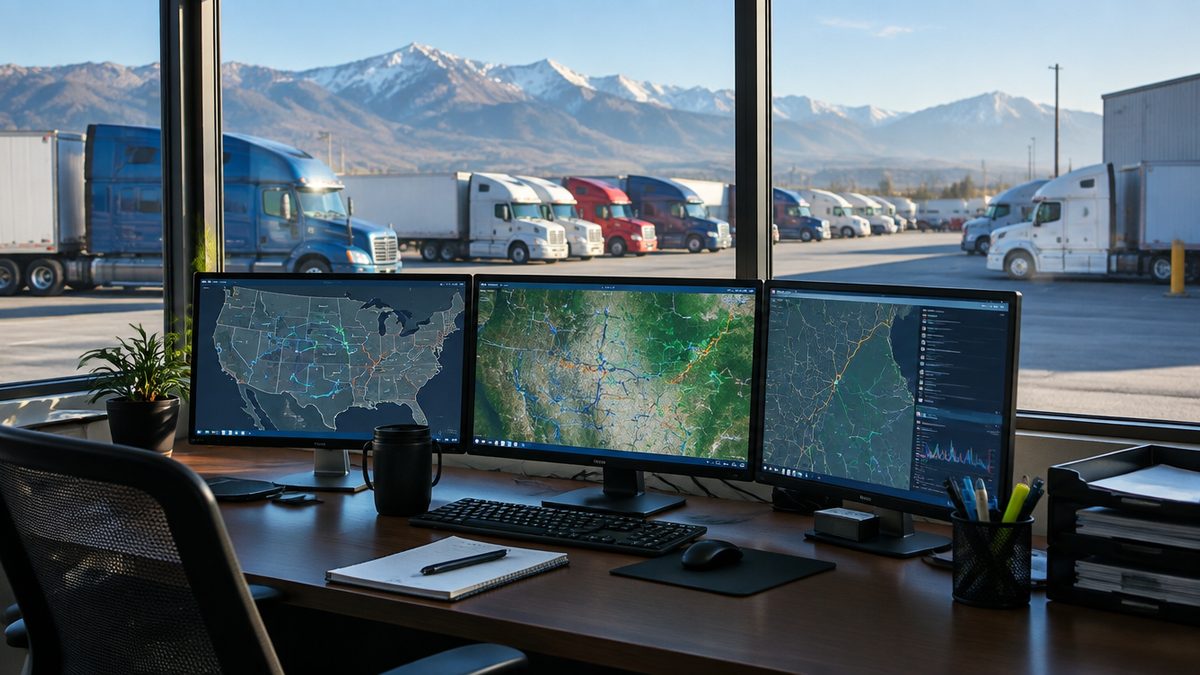 Dispatch desk with route maps on screens overlooking a truck yard