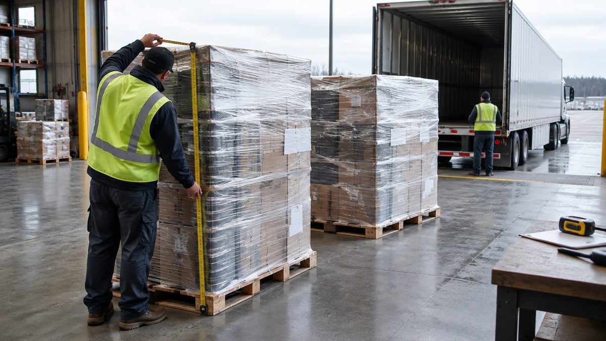 Shrink-wrapped LTL pallets being measured at a loading dock
